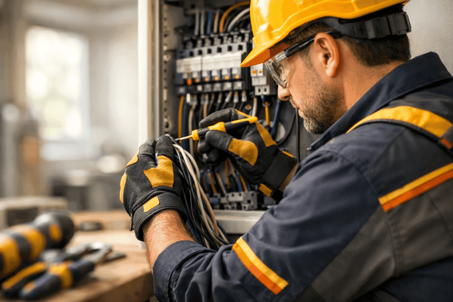 Electrician wearing PPE inspecting electrical panel at clean residential or commercial site